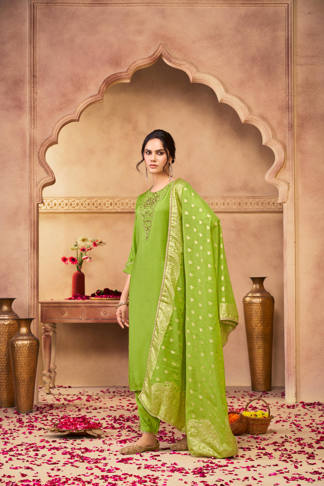 Adab Green Hand Beaded, Sequin & Glass Bugle Embellished Suit Set with Jacquard Dupatta in Pure Muslin with Pure Cotton Mul Lining