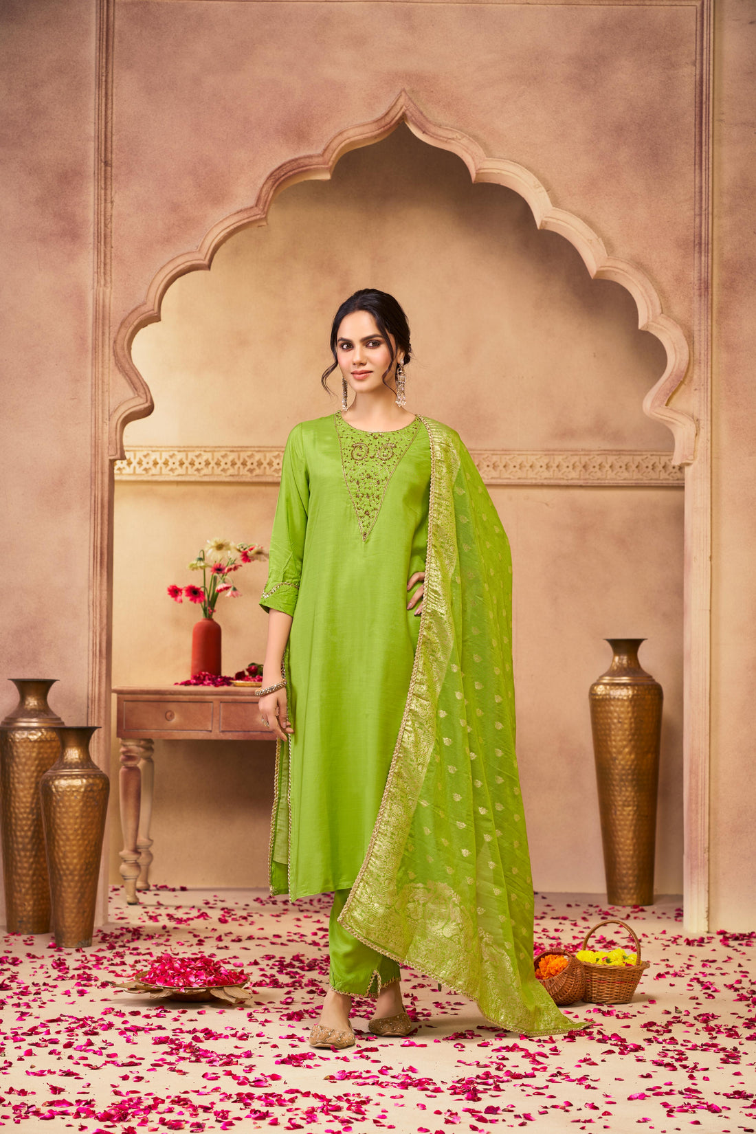 Adab Green Hand Beaded, Sequin & Glass Bugle Embellished Suit Set with Jacquard Dupatta in Pure Muslin with Pure Cotton Mul Lining