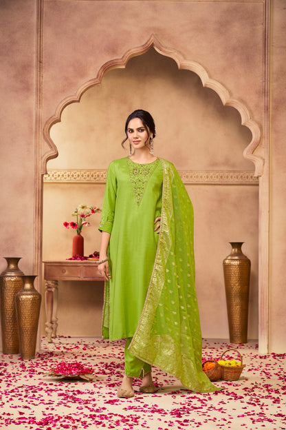 Adab Green Hand Beaded, Sequin & Glass Bugle Embellished Suit Set with Jacquard Dupatta in Pure Muslin with Pure Cotton Mul Lining