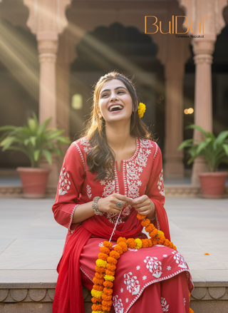 Akshyani Rust Embroidered Viscose Kurta Set with Intricate White Chikankari Style Detailing and Dupatta
