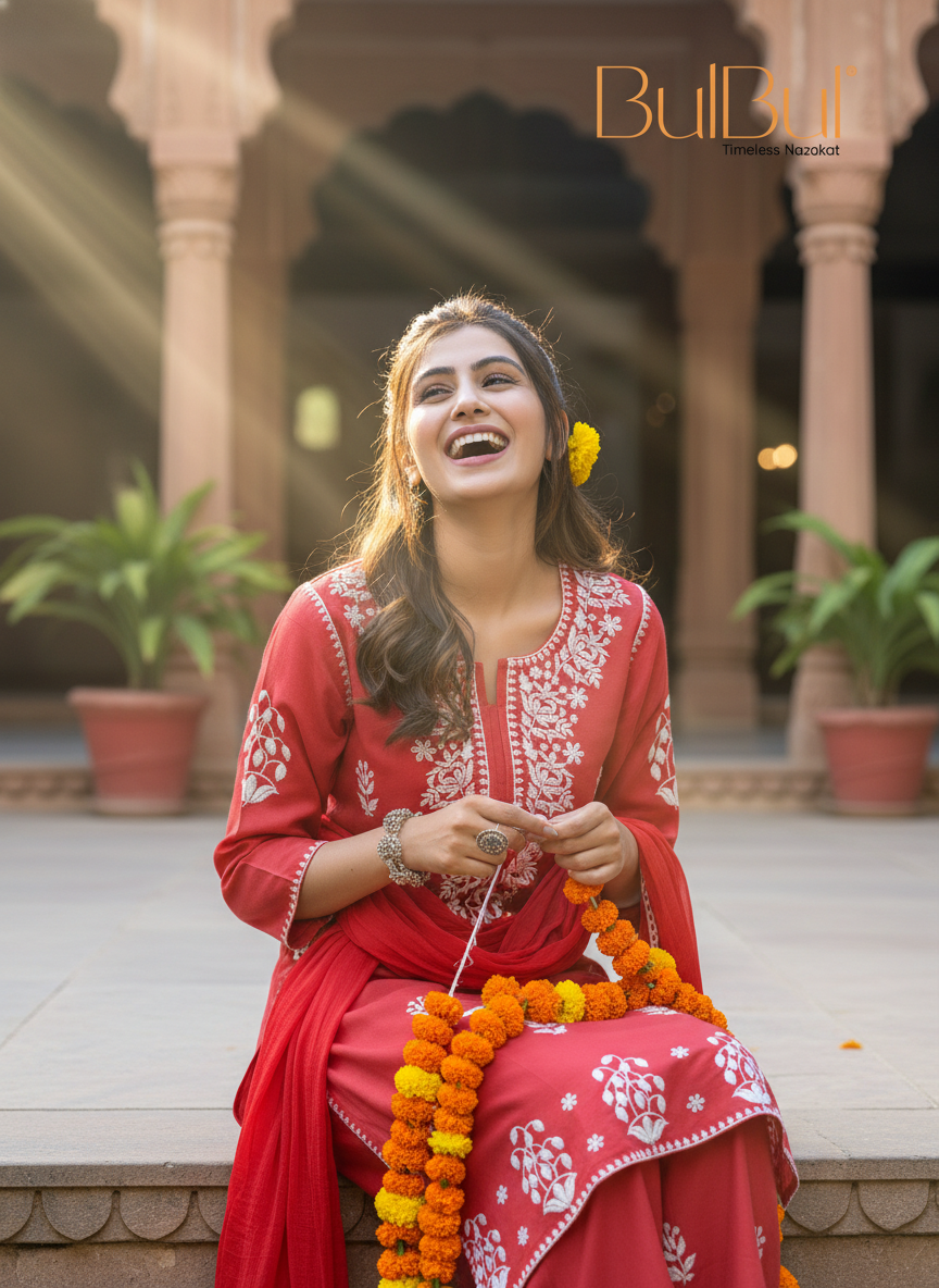 Akshyani Rust Embroidered Viscose Kurta Set with Intricate White Chikankari Style Detailing and Dupatta