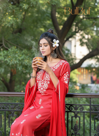 Akshyani Rust Embroidered Viscose Kurta Set with Intricate White Chikankari Style Detailing and Dupatta