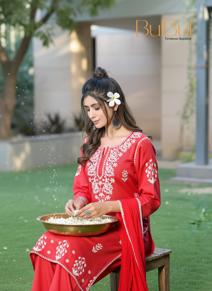Akshyani Rust Embroidered Viscose Kurta Set with Intricate White Chikankari Style Detailing and Dupatta