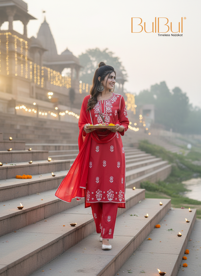 Akshyani Rust Embroidered Viscose Kurta Set with Intricate White Chikankari Style Detailing and Dupatta