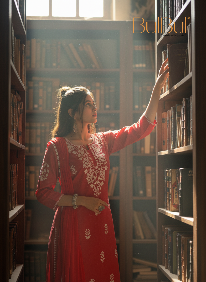 Akshyani Rust Embroidered Viscose Kurta Set with Intricate White Chikankari Style Detailing and Dupatta