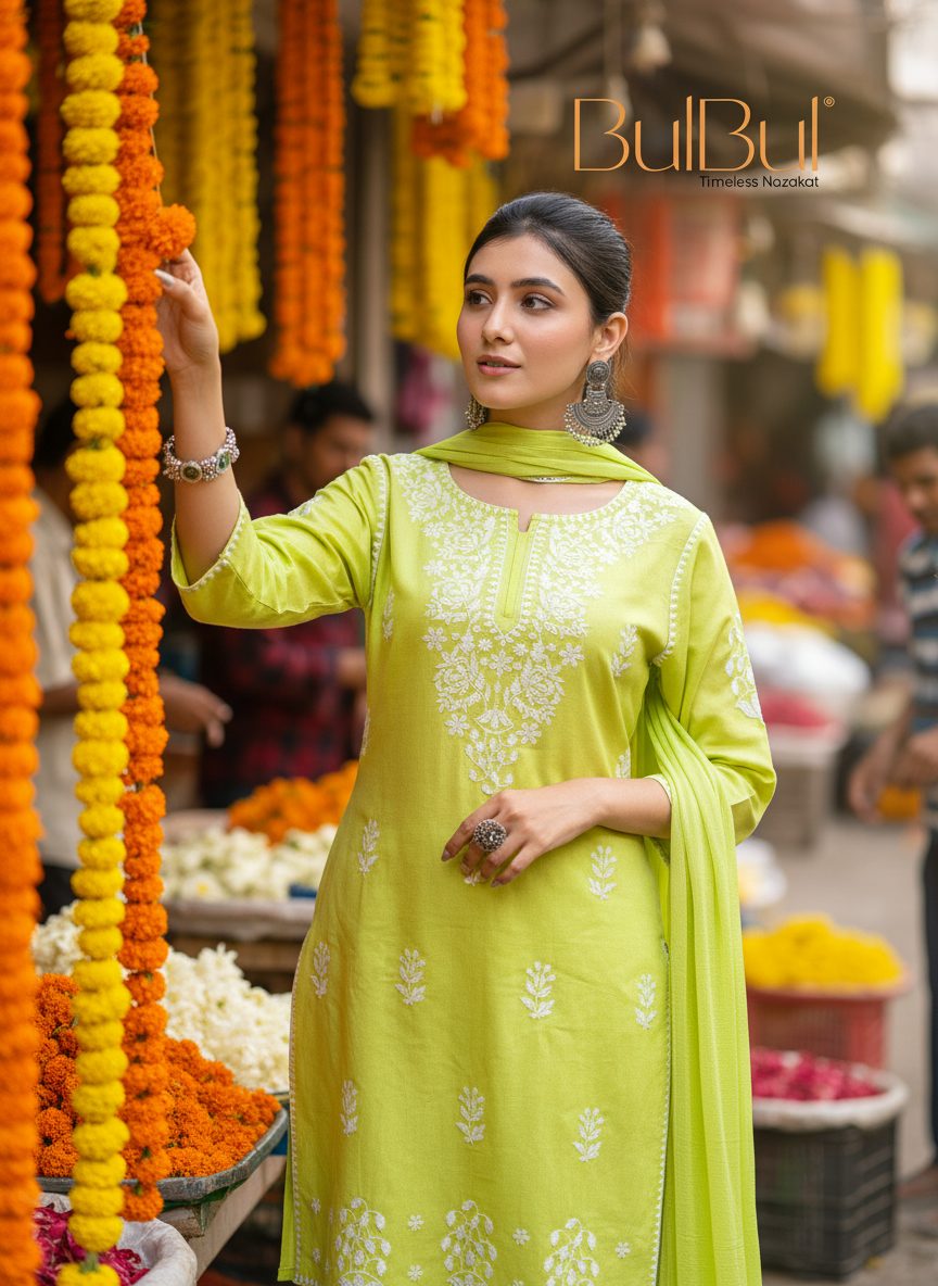 Akshyani Green Embroidered Viscose Kurta Set with Intricate White Chikankari Style Detailing and Dupatta