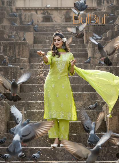 Akshyani Green Embroidered Viscose Kurta Set with Intricate White Chikankari Style Detailing and Dupatta