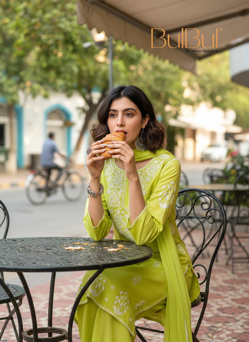 Akshyani Green Embroidered Viscose Kurta Set with Intricate White Chikankari Style Detailing and Dupatta