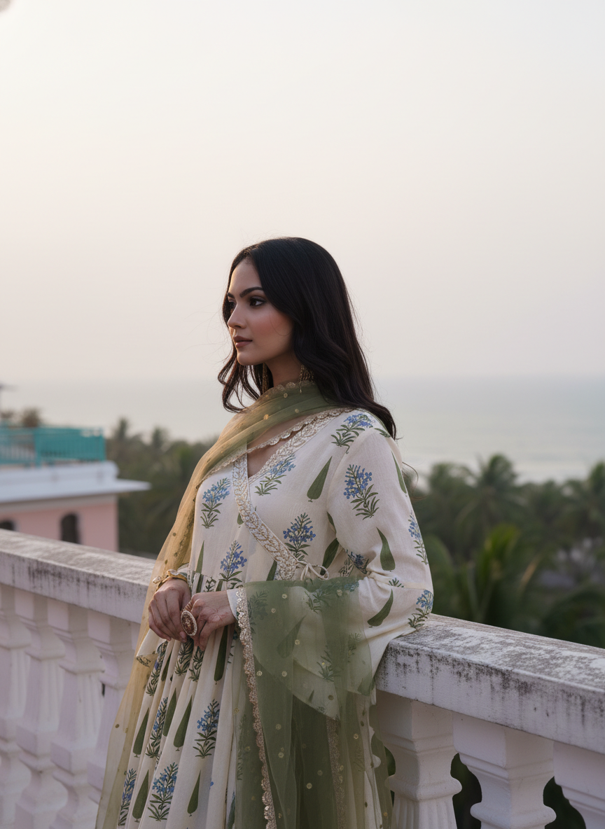 Angrakha Yellow Cotton Cambric Anarkali