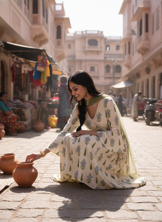Angrakha Yellow Cotton Cambric Anarkali