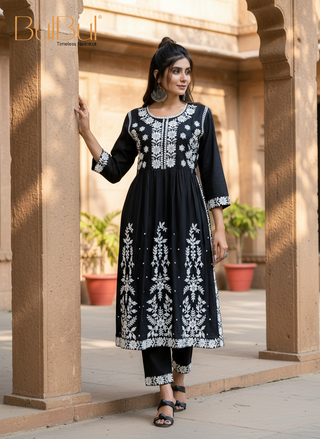 Arushi Black Pink Embroidered Viscose Kurta Set with Lucknowi Inspired Floral Jaal Work