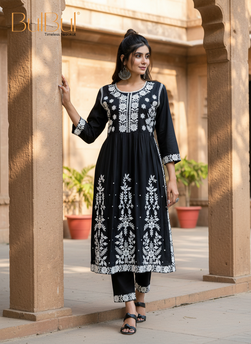 Arushi Black Pink Embroidered Viscose Kurta Set with Lucknowi Inspired Floral Jaal Work