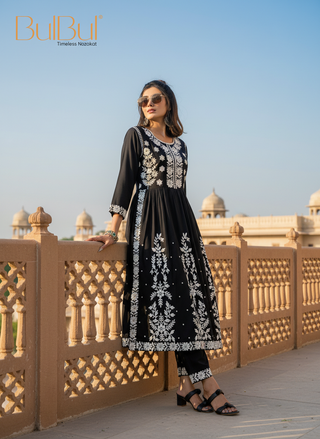 Arushi Black Pink Embroidered Viscose Kurta Set with Lucknowi Inspired Floral Jaal Work