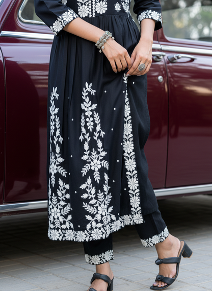 Arushi Black Pink Embroidered Viscose Kurta Set with Lucknowi Inspired Floral Jaal Work