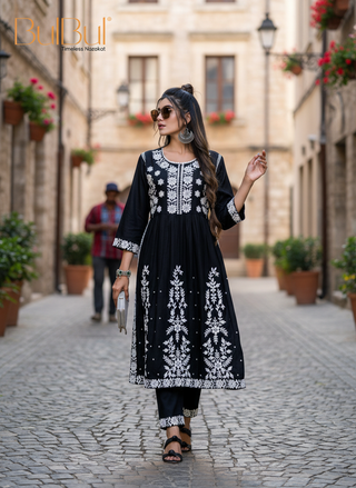 Arushi Black Pink Embroidered Viscose Kurta Set with Lucknowi Inspired Floral Jaal Work