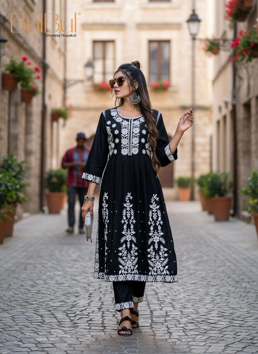 Arushi Black Pink Embroidered Viscose Kurta Set with Lucknowi Inspired Floral Jaal Work