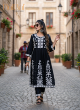 Arushi Black Pink Embroidered Viscose Kurta Set with Lucknowi Inspired Floral Jaal Work