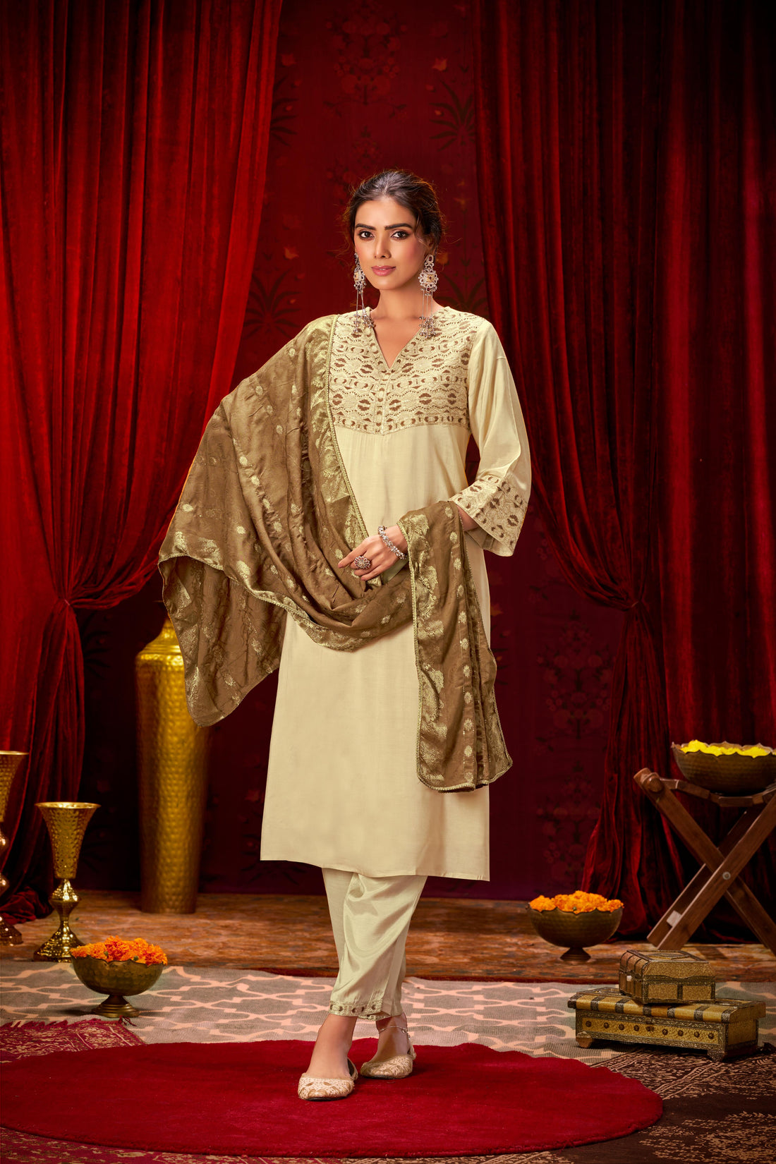 Ashima Beige Hand Zari and Dori Embroidered Suit Set with Bead Detailing in Pure Muslin with Pure Cotton Mul Lining
