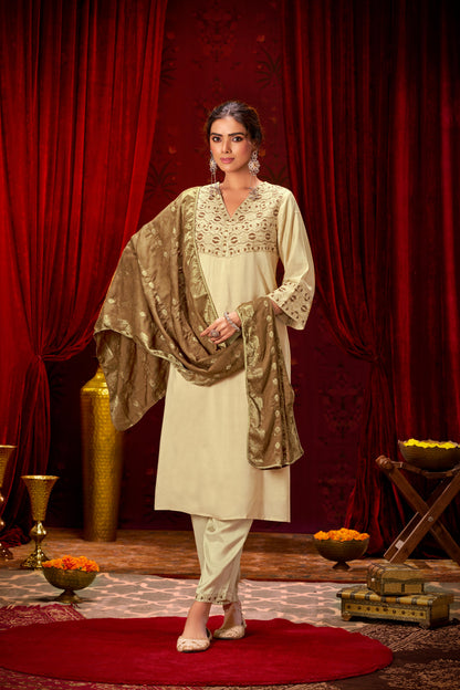 Ashima Beige Hand Zari and Dori Embroidered Suit Set with Bead Detailing in Pure Muslin with Pure Cotton Mul Lining