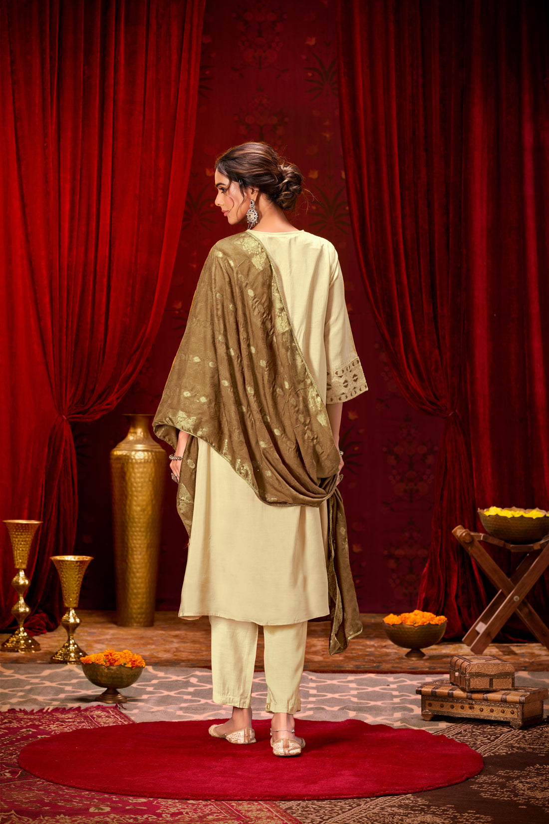 Ashima Beige Hand Zari and Dori Embroidered Suit Set with Bead Detailing in Pure Muslin with Pure Cotton Mul Lining