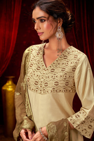Ashima Beige Hand Zari and Dori Embroidered Suit Set with Bead Detailing in Pure Muslin with Pure Cotton Mul Lining