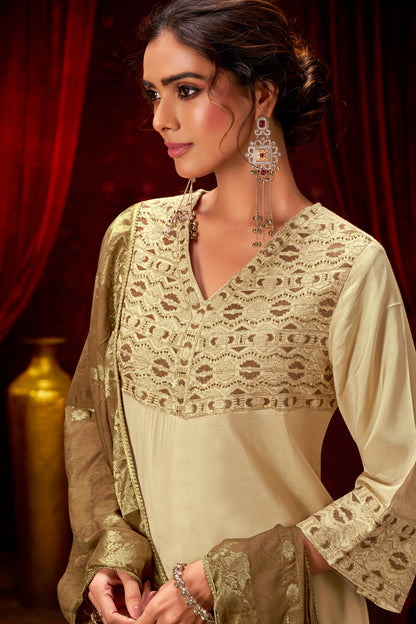 Ashima Beige Hand Zari and Dori Embroidered Suit Set with Bead Detailing in Pure Muslin with Pure Cotton Mul Lining