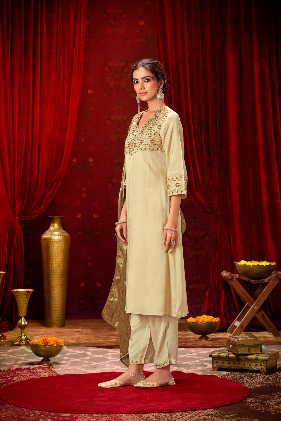 Ashima Beige Hand Zari and Dori Embroidered Suit Set with Bead Detailing in Pure Muslin with Pure Cotton Mul Lining