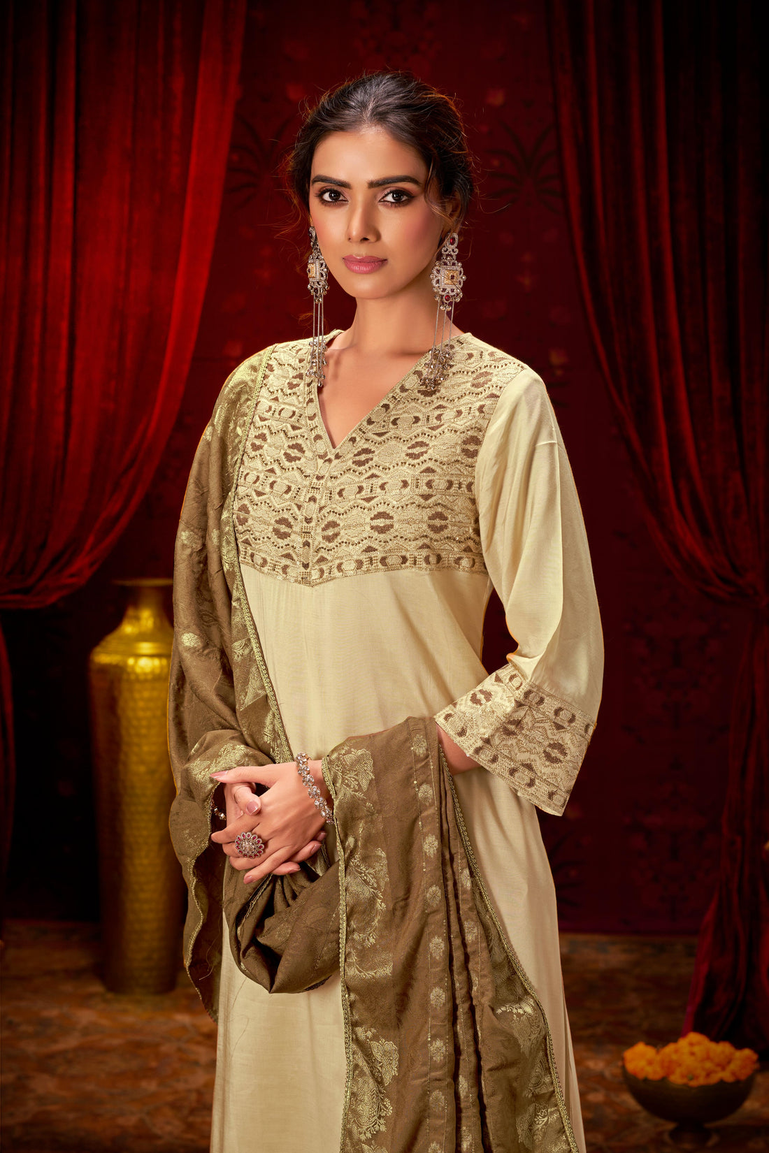 Ashima Beige Hand Zari and Dori Embroidered Suit Set with Bead Detailing in Pure Muslin with Pure Cotton Mul Lining