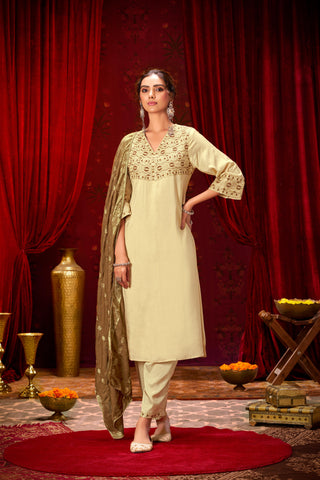 Ashima Beige Hand Zari and Dori Embroidered Suit Set with Bead Detailing in Pure Muslin with Pure Cotton Mul Lining