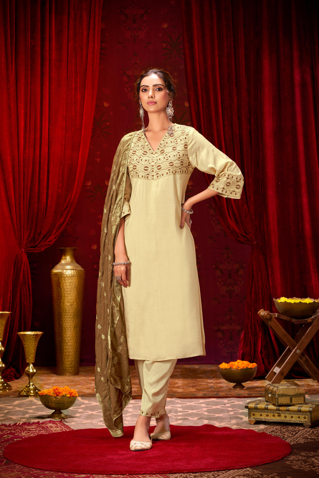 Ashima Beige Hand Zari and Dori Embroidered Suit Set with Bead Detailing in Pure Muslin with Pure Cotton Mul Lining