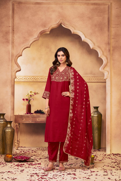 Ashima Red Hand Zari and Dori Embroidered Suit Set with Bead Detailing in Pure Muslin with Pure Cotton Mul Lining