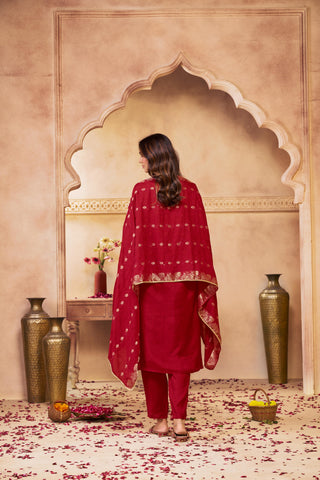 Ashima Red Hand Zari and Dori Embroidered Suit Set with Bead Detailing in Pure Muslin with Pure Cotton Mul Lining