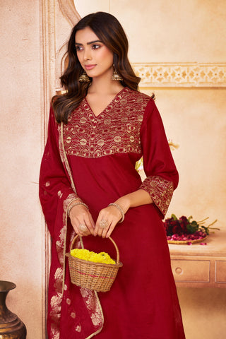 Ashima Red Hand Zari and Dori Embroidered Suit Set with Bead Detailing in Pure Muslin with Pure Cotton Mul Lining
