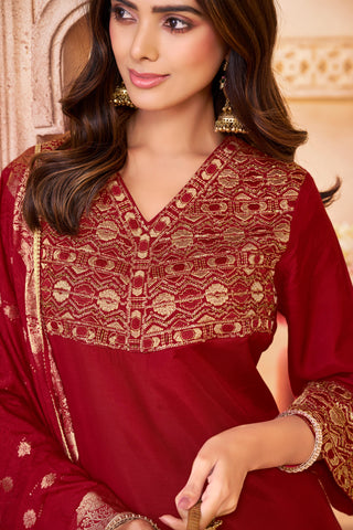 Ashima Red Hand Zari and Dori Embroidered Suit Set with Bead Detailing in Pure Muslin with Pure Cotton Mul Lining