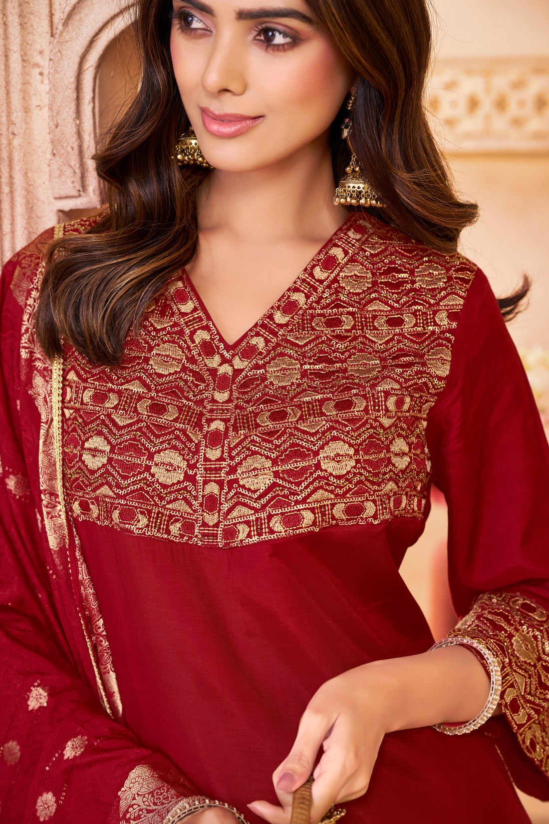 Ashima Red Hand Zari and Dori Embroidered Suit Set with Bead Detailing in Pure Muslin with Pure Cotton Mul Lining