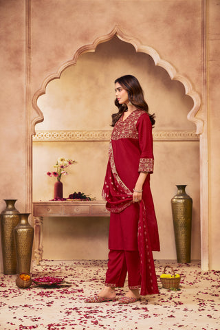 Ashima Red Hand Zari and Dori Embroidered Suit Set with Bead Detailing in Pure Muslin with Pure Cotton Mul Lining