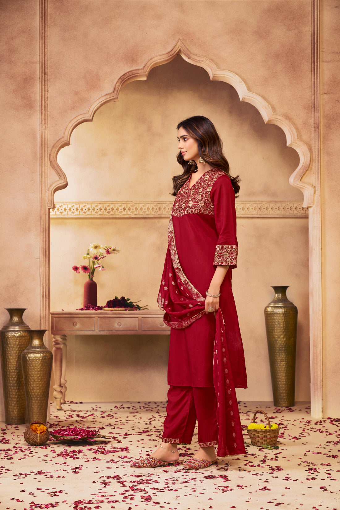 Ashima Red Hand Zari and Dori Embroidered Suit Set with Bead Detailing in Pure Muslin with Pure Cotton Mul Lining