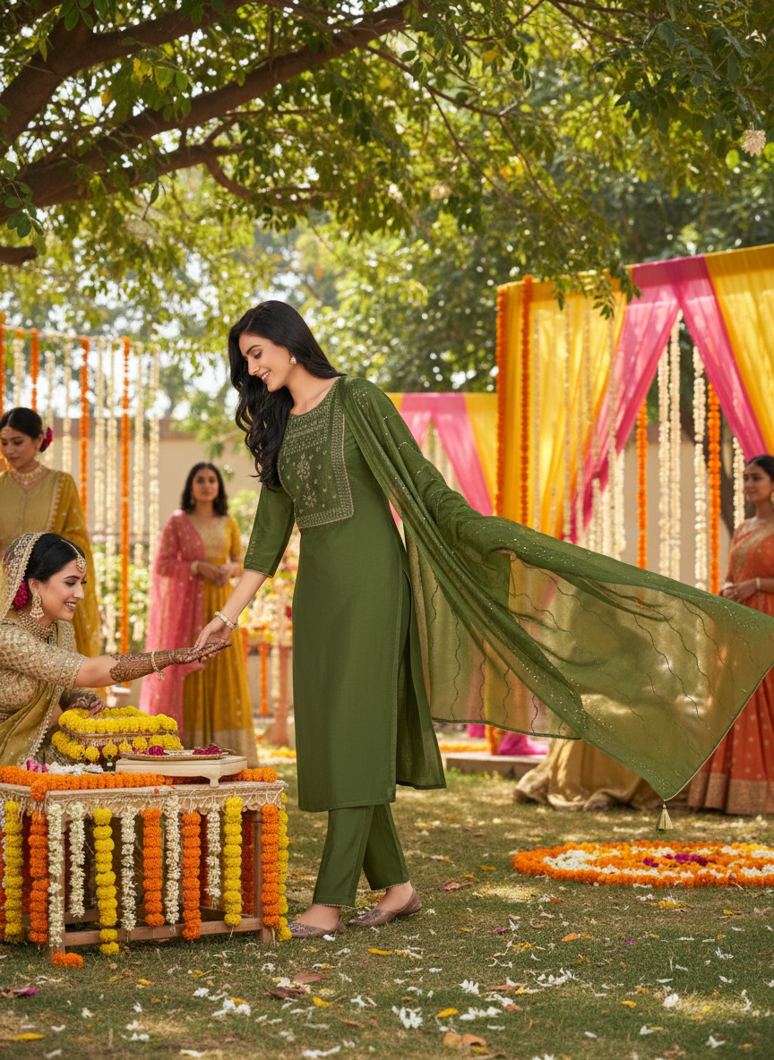 BulBul Aadvi Solid Green Embroidered Roman Silk  Salwar Suit