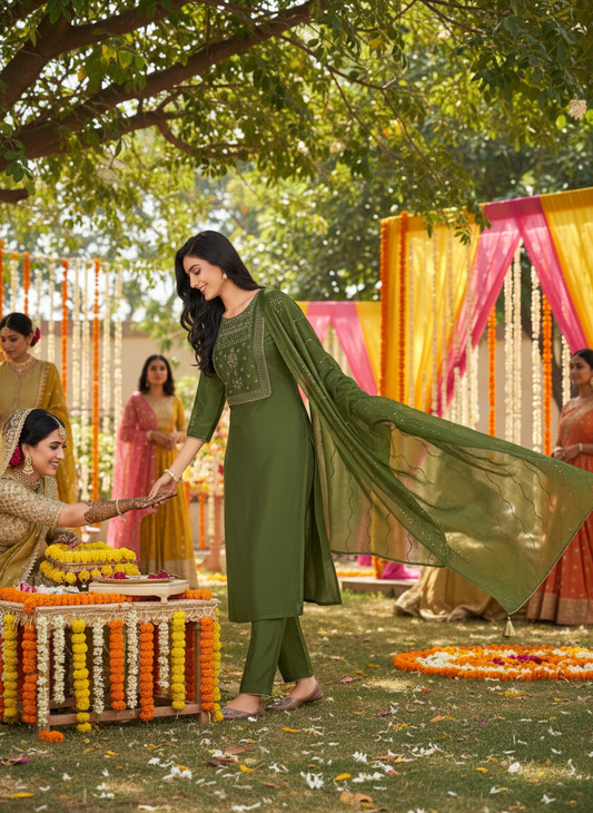 BulBul Aadvi Solid Green Embroidered Roman Silk  Salwar Suit