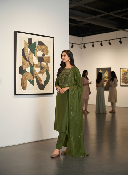 Aadvi Green Handcrafted Sequin & Thread Embroidered Yoke Design Salwar Suit with Sequin Dupatta in Chanderi Silk with Cotton Mul Lining