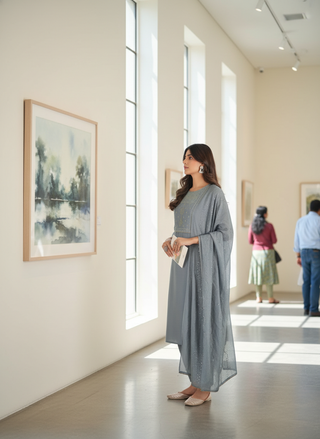 Aadvi Grey Handcrafted Sequin & Thread Embroidered Yoke Design Salwar Suit with Sequin Dupatta in Chanderi Silk with Cotton Mul Lining