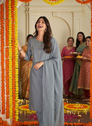 Aadvi Grey Handcrafted Sequin & Thread Embroidered Yoke Design Salwar Suit with Sequin Dupatta in Chanderi Silk with Cotton Mul Lining