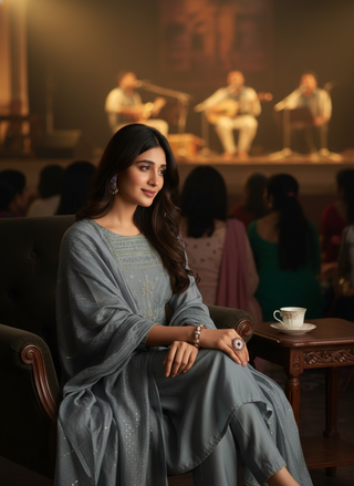 Aadvi Grey Handcrafted Sequin & Thread Embroidered Yoke Design Salwar Suit with Sequin Dupatta in Chanderi Silk with Cotton Mul Lining