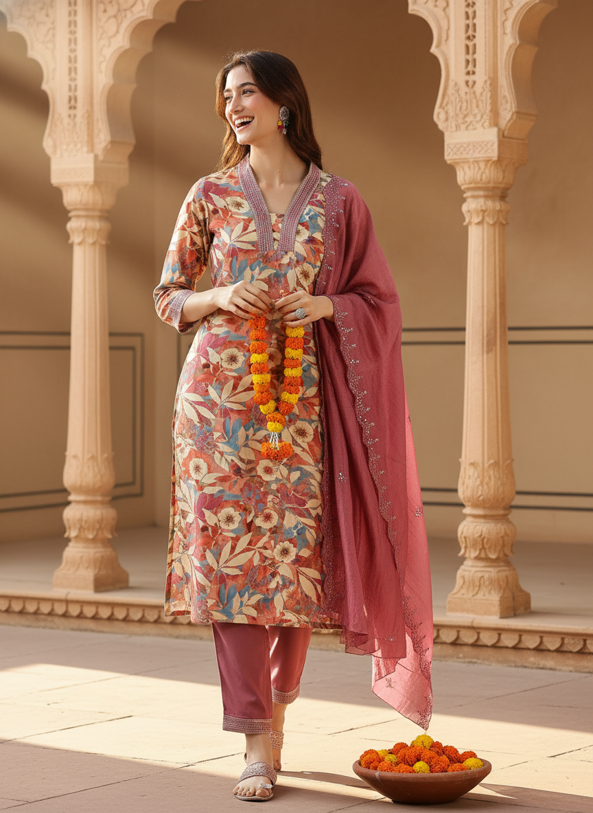 Aafiya Mauve Floral Printed Kurta Set with Thread & Fine Zari Embroidered Neckline in Viscose