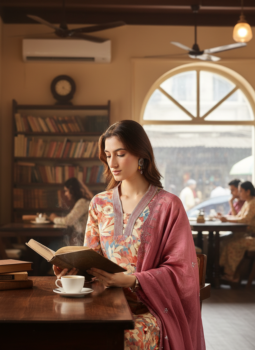 Aafiya Mauve Floral Printed Kurta Set with Thread & Fine Zari Embroidered Neckline in Viscose