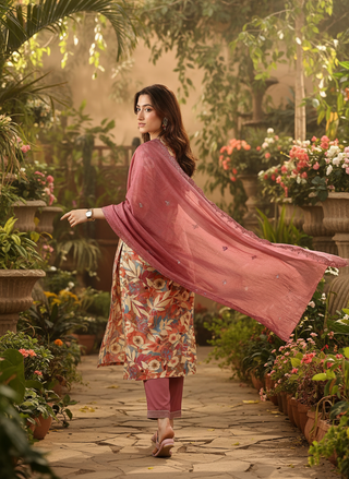 Aafiya Mauve Floral Printed Kurta Set with Thread & Fine Zari Embroidered Neckline in Viscose
