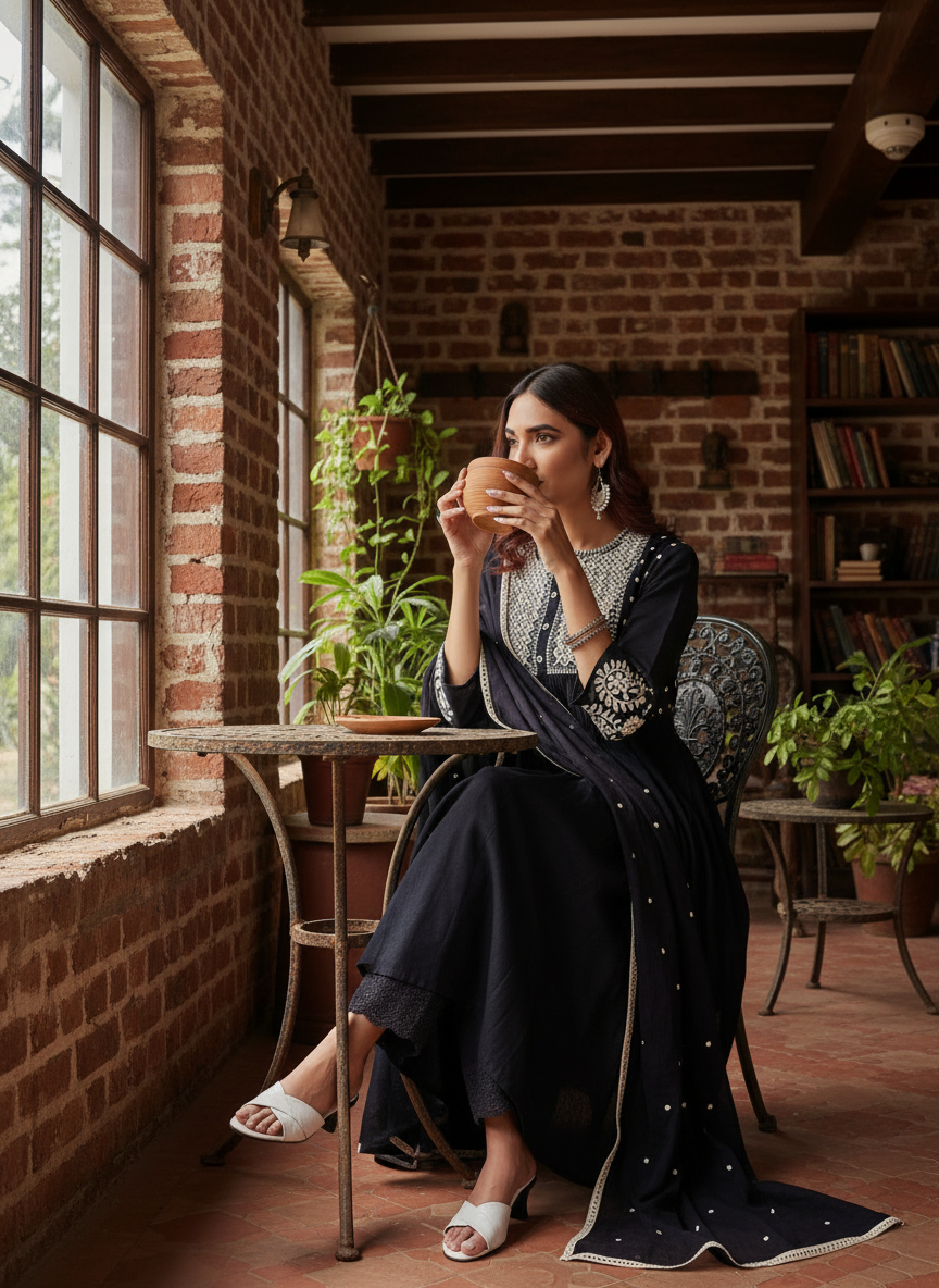 Abhilasha Pure Cotton Linen Black Kurta Set with Intricate Thread Embroidery and Mirror Accents, Embroidered Sleeves and Cotton Mul Lining