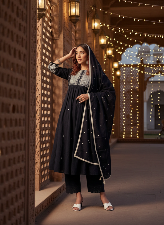 Abhilasha Pure Cotton Linen Black Kurta Set with Intricate Thread Embroidery and Mirror Accents, Embroidered Sleeves and Cotton Mul Lining
