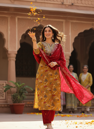 Alfina Yellow Floral Printed Kurta Set with Aari-Style Floral Thread Embroidered Neckline in Viscose