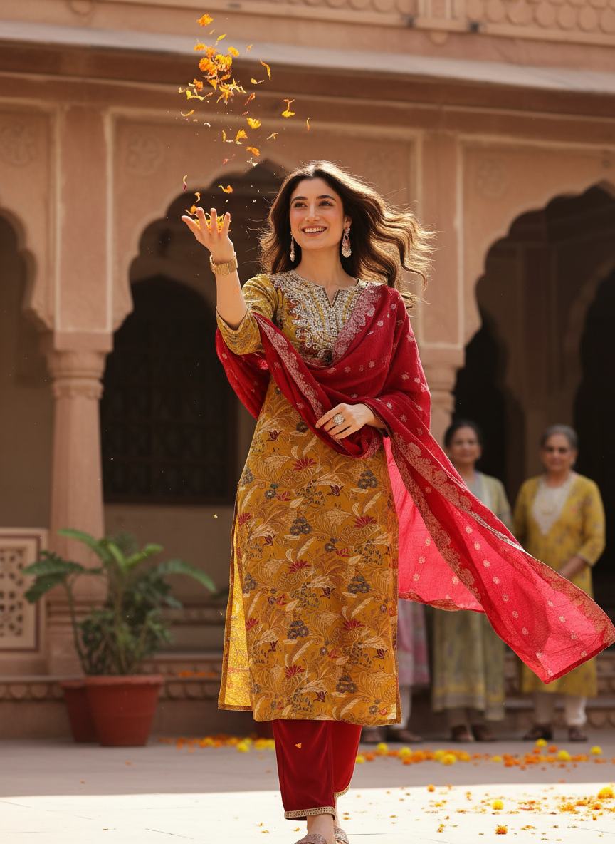 Alfina Yellow Floral Printed Kurta Set with Aari-Style Floral Thread Embroidered Neckline in Viscose